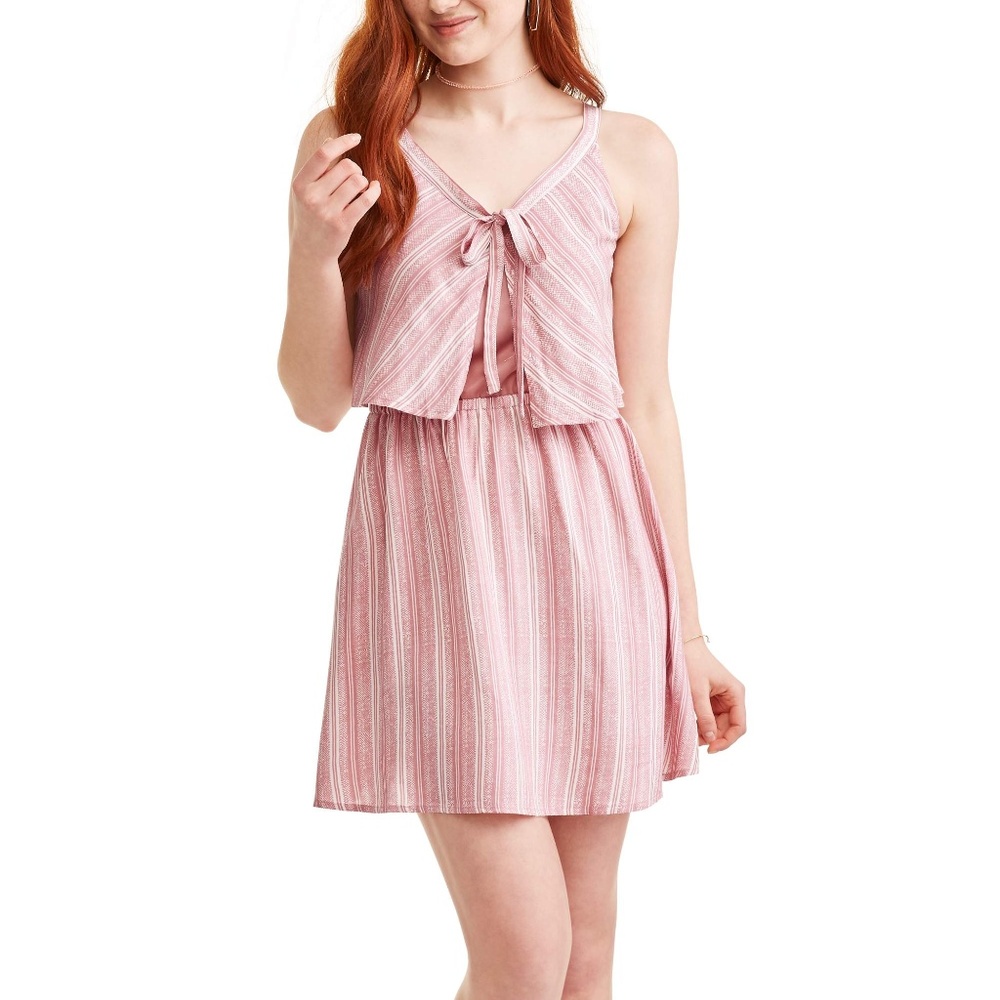 NEW  Red Dusty Rose Vertical Stripe Tie Neck Dress